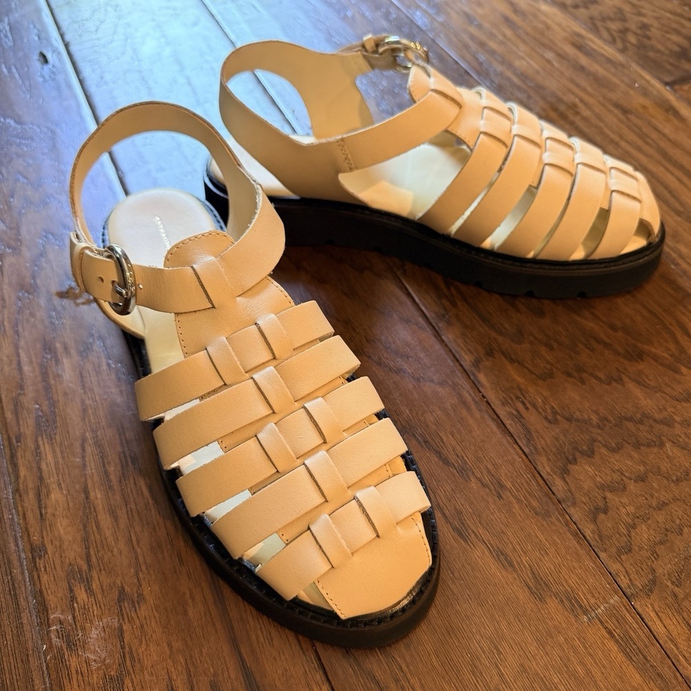 Anthropologie Fisherman Sandals Womens 10 Tan Leather Lug Sole Caged Closed Toe - Picture 3 of 15